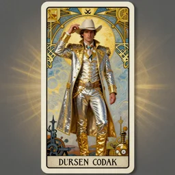 a dramatic ethereal epic symmetrical painting of a (handsome) cowboy in a shimmering! silvery! ((golden)) outfit | tarot card, art deco, art nouveau,  (steampunk), homoerotic, realistic | by Dresden Codak, by Mark Maggiori and ((((Alphonse Mucha))) | trending on artstation