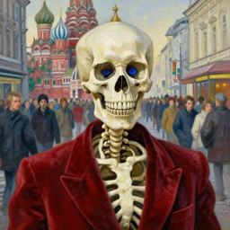 realistic detailed closeup portrait painting of a single skeleton wearing crimson velvet blazer in a crowded futuristic moscow street by jean delville, amano, yves tanguy, alphonse mucha, ernst haeckel, ilya repin, edward robert hughes, andrei tarkovsky, roger dean, rich moody colours, blue eyes