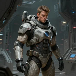 scifi art by Greg Rutkowski, a man in wearing a futuristic tactical space suit, preparing to activate the ship's self-destruct sequence, claustrophobic and futuristic environment, detailed and intricate environment, high technology, highly detailed portrait, digital painting, artstation, concept art, smooth, sharp foccus ilustration, Artstation HQ.
