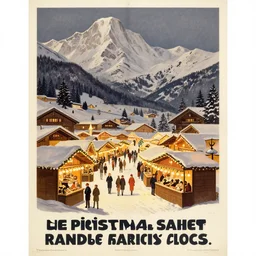 christmas market winter night in the alps, advertising poster, limited neutral palette, by pascal campion, petros afshar, anton fadeev, dean ellis, randolph stanley hewton, beautiful graphic, propaganda poster art 1 9 7 0 s illustrated advertising art, painterly design
