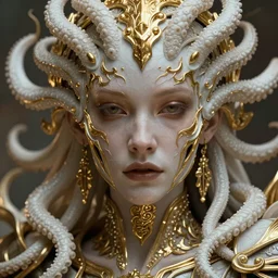 a photo of 8k ultra realistic close up of the beautiful face of a corrupted lovecraftian golden humanoid queen, 8 intricate white and gold tentacles, ornate white and gold armour, cinematic lighting, trending on artstation, 4k, hyperrealistic, focused, high details, unreal engine 5, cinematic, masterpiece