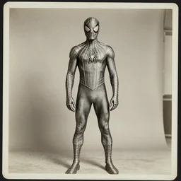 spider - man, portrait, full body, symmetrical features, silver iodide, 1 8 8 0 photograph, sepia tone, aged paper, master prime lenses, sergio leone, cinematic