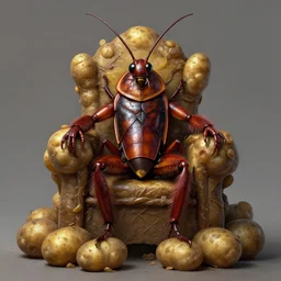 mutant roach sits on a throne of potatoes, matte paintig, highly detailed digital painting, half human half insect, unreal engine