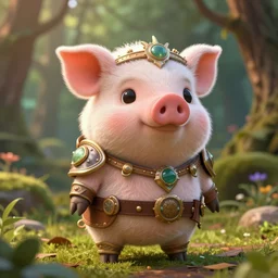 little cute fluffy piggy forest creature, inspiring, adorable, anthro, guardian, dnd, woodland realm, fantasy armored attire!! strange fantasy equipment!! octane render, unreal engine 5, hyper realistic, 8 k