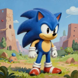 a distorted, surrealist painting of classic Sonic the Hedgehog, terragen, 1991