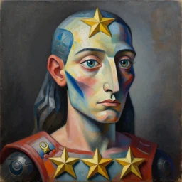 Intricate five star Cyborg Warrior portrait by Pablo Picasso, oil on canvas, HDR, high detail, Photo realistic, hyperrealism,matte finish, high contrast, 3d depth, masterpiece, vivid and vibrant colors, enhanced light effect, enhanced eye detail,artstationhd