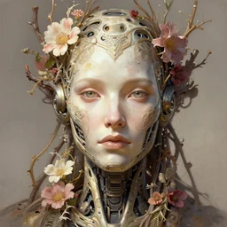 symmetry!! portrait of a machine from horizon zero dawn, machine face, decorated with twigs and flowers, intricate, elegant, highly detailed, digital painting, artstation, concept art, smooth, sharp focus, illustration, art by artgerm and greg rutkowski and alphonse mucha, 8 k