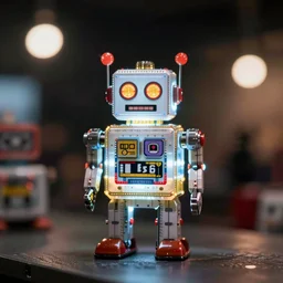 high quality presentation night photo of an illuminated glowing retro toy robot, photography 4k, f1.8 anamorphic, bokeh, 4k, Canon, Nikon