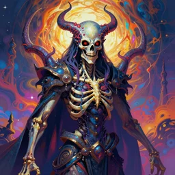 a psychedelic portrait of omin dran skeletal phyrexian mind flayer psion god, vibrant color scheme, highly detailed, in the style of romanticism, cinematic, artstation, moebius, greg rutkowski