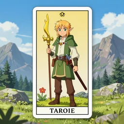 an wood elf boy getting ready for an high fantasy adventure on the mountain side, anime style, tarot card, Tarot card the fool, fine line work, psychedelic, full color, earth tones