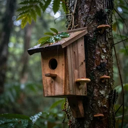 wooden birdhouse in a tree in the rain forest, mushrooms and leaves on the birdhouse, backlit, realistic