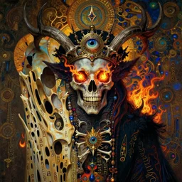 The King of Bones by Karol Bak, Jean Deville, Gustav Klimt, and Vincent Van Gogh, portrait of a majestic demonic undead king, undead, lich lord, eyes on fire, fire in eyes, mystic eye, otherworldly, crown made of bones, antlers, horns, ornate jeweled crown, skull, fractal structures, arcane, inferno, inscribed runes, infernal relics, ornate gilded medieval icon, third eye, spirals, rich deep moody colors