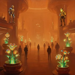 a minimalist bioluminescent oil painting by donato giancola, warm coloured, cinematic scifi luxurious futuristic foggy steam filled spaceport crowd awaiting transit to space with microscopy stained glass flowers growing out of pretty bulbous ceramic fountains, gigantic pillars and flowers, maschinen krieger, beeple, star trek, star wars, ilm, star citizen, mass effect, artstation, atmospheric perspective