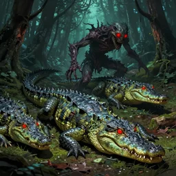 nightmare of humanoid mutated crocodiles, red glowing eyes, hunting in the forest. in style of greg rutkowski and hyung - tae kim, trending on artstation, dark fantasy, great composition, concept art, highly detailed, dynamic pose, vibrant colors, epic, 8 k