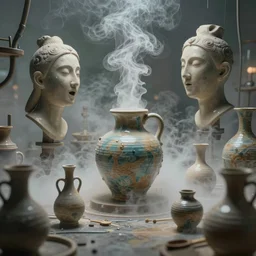 an alchemical laboratory of voices, cermaic vessels, vapour, no humans, 8 k, unreal, octane