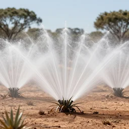 radial shaped, electrostatic fog condensing mesh system, irrigating plants in the australian desert, natural light, high quality photograph, depth of field, simple composition