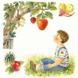 watercolor and collage by eric carle, of a man day dreaming about fruit, peaceful mood