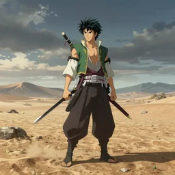 jotaro kujo standing in the desert, in the style of ghost of tsushima, cinematic, 4k, detailed, long shot