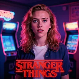 “ scarlett johansson portrait, stranger things character, 8 0 s, neon, poster, cinema, high school, student, vhs, arcade, fiction, steven spielberg, hyperrealistic, dramatic, heroic, epic, cinematic lighting ”
