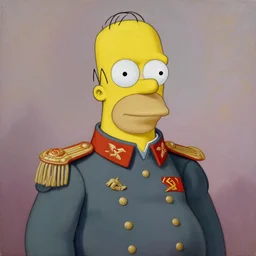 homer simpson wearing a soviet dictator uniform ( oil painting portrait, greatly painted, 4 k, smooth painting, high detailed, and greatly illustrated )