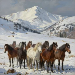 painting of a herd of wild horses on a snowy mountain in the style of Bev Doolittle, HD, Detailed, Realism