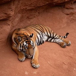 photo still of a tigers resting on a red clay cliff looking down at the floor, 8 k 8 5 mm f 1. 8