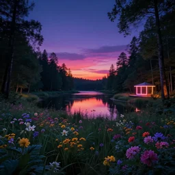 nature by alvar aalto, at night flowers nightvision forest lake sunset retrowave nightsky hyperrealism landscape neon signs, archdaily, wallpaper, highly detailed, trending on artstation.