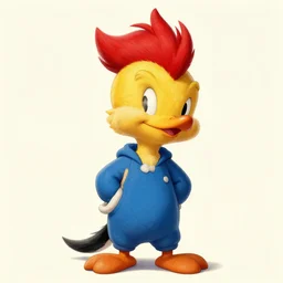 woody woodpecker with red crest and wearing blue onesie, illustrated by walter lantz. amazing detail, pixiv, artstation