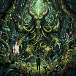 cthulhu surrounded by jungle vines by dan mumford, yusuke murata, makoto shinkai, ross tran, cosmic, intricate detail, cinematic, 8 k, cel shaded, unreal engine, featured on artstation, pixiv