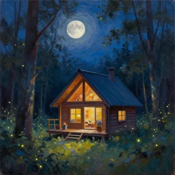 cozy cabin in forest at night, fireflies, full moon, oil paibting, abstract, dream like