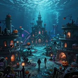 a horror based underwater suburb based on an amusement park during halloween that takes place incredibly deep underwater and is built on the idea of ship graveyard, halloween decorations, underwater city, amusement park, spooky, amusement park attractions, deep sea, horror themed, fun, in the style of stephen silver