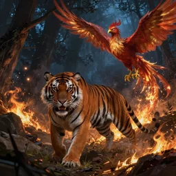 tiger is ambushed by a phoenix in the night burning forest, mystery, scared, fantasy, highly detailed, digital painting, concept art, sharp focus, illustration, epic light, artstation