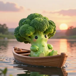 a cute and friendly broccoli - creature with beautiful eyes relaxing on a boat on the river on a beautiful sunset, fantasy style, 4 k, octan render, ultrarealistic