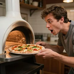 shocked man opens pizza oven and discovers a pizza
