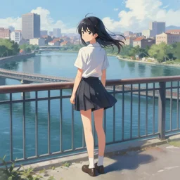 a girl is standing on a bridge over a body of water, a detailed painting by wlop, pixiv contest winner, photorealism, cityscape, anime aesthetic, detailed painting