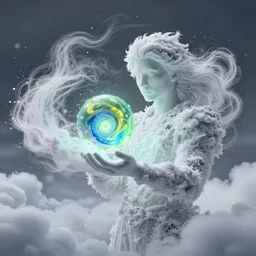 man made of swirling clouds and wind - blown snow, holding a green, yellow, and blue multiverse portal, cinematic lighting, highly detailed, octane render