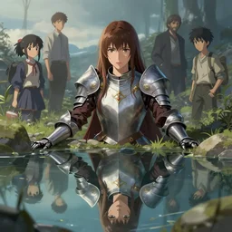 long shot fantasy woman in armor looking her reflection in a pond girl miss attractive eye catching official fanart behance hd artstation, mystic, by Rossdraws and Jesper Ejsing, by Makoto Shinkai and Lois van baarle, ilya kuvshinov