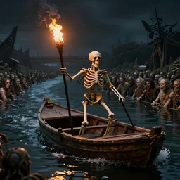 the ferryman ( skeleton ) steering a raft on the river styx, errie setting, water full of souls, dark background, torch on a pole burning to light to the way from the boat, high quality, 8 k