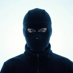 male wearing a black ski mask, blue tone, white light background, by thomas eakins