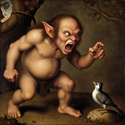 large angry goblin yelling at a small bird, renaissance painting