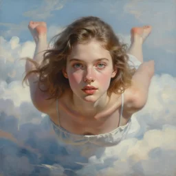 painting by wlop, portrait of a beautiful girl floating in the clouds, extremely details, finely detailed features, beautiful lighting, trending on artstation