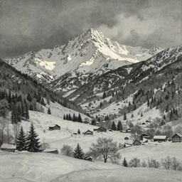 Alps landscape in winter, by Arthur Rackham