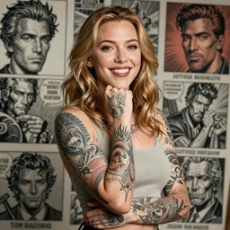 Beautiful female Scarlett Johansson:: tattoo sleeves:: smile and showing face, middle shot, exciting, fun, realistic character concept, slender symmetrical body:: tattoos:: artstation, cinematic lighting, hyperdetailed, cgsociety, 8k, high resolution:: Tom Bagshaw, Joshua Middleton, Gottfried Helnwein, Rafeal Albuquerque comic:: insanely detailed and intricate