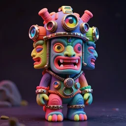photo of a opalescent claymodel of a multicolored steampunk tiki with three heads, wearing a steampunk helmet with multicolored irisdiscent tubes and shiny metallic devices, 3 d render, crisp, trippy, 8 k, fluorescent colors, insanely integrate