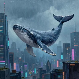 a beautiful painting of 1! whale suspended in mid air near a skycraper, cyberpunk city, neon lights, cinematic shot, volumetric light, detailed, epic, rain