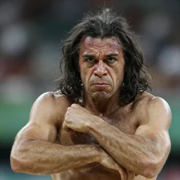 a neanderthal in the olympics as a gymnist, about to perform, looks nervous, close up
