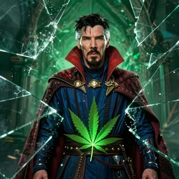 black doctor strange, marijuana, marijuana leaves, green light,, multiple dimensions, shattered glass, refractions, highly detailed, cinematic by francis tneh, marvel cinematic universe, mcu, photo