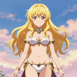 isekai colorful sky cute bikini valkyrie anime princess wavy blonde hair, regal armor. symmetrical face. symmetrical detailed defined eyes. beautiful lineart. bokeh pixiv # 1 ranking depth focus, chromatic aberration, noise, soft lighting, srgb, 4 k, cinematic rembrant kuvshinov ross tran john sargent leyendecker wlop guweiz