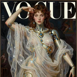 beautifully painted mural of a stunning young cyborg muse in ornate linen fabric, transparent linen, space opera, beautiful ornaments, highly detailed, glowing eyes, sci fi setting, vogue cover poses, fashion magazine,  mural in the style of sandro botticelli, caravaggio, albrecth durer