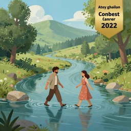 a painting of a man and a woman walking across a river, a storybook illustration by atey ghailan, artstation contest winner, fantasy art, storybook illustration, 2 d game art, concept art